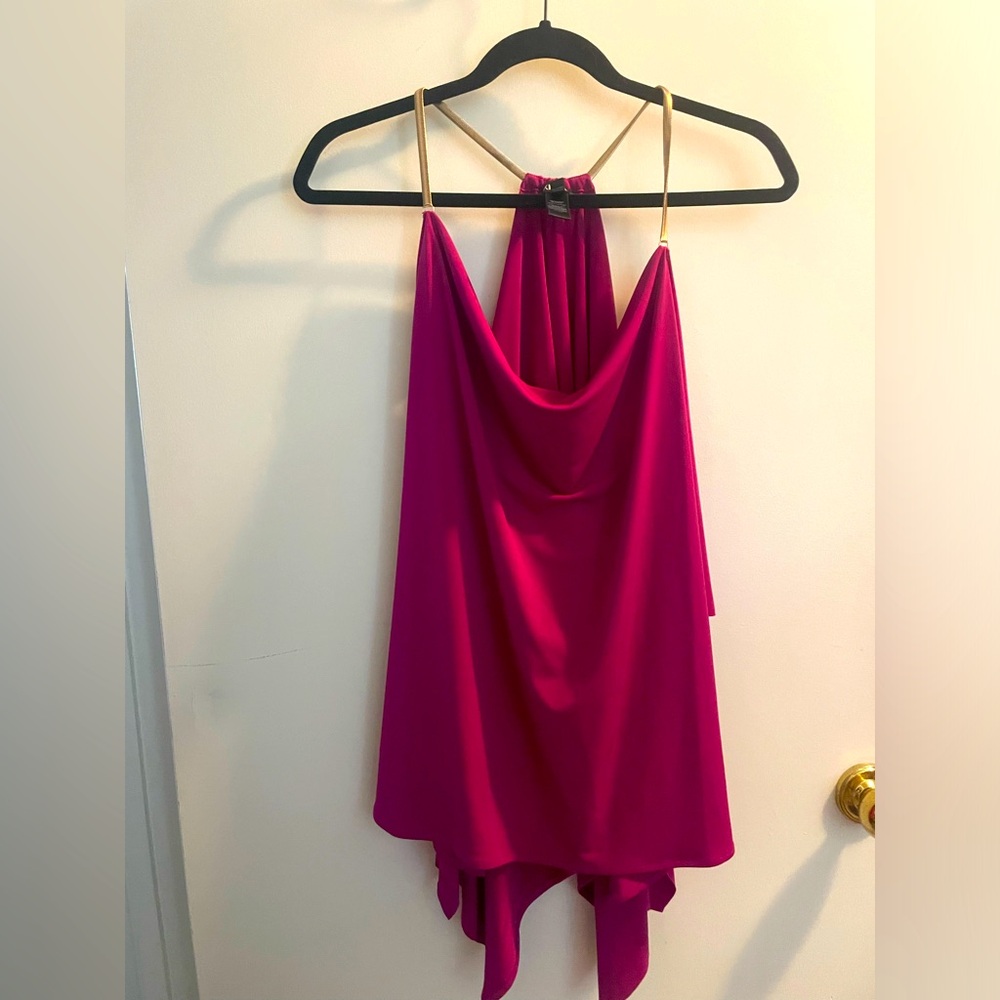 Fuchsia asymmetrical hem halter top with gold chain accent